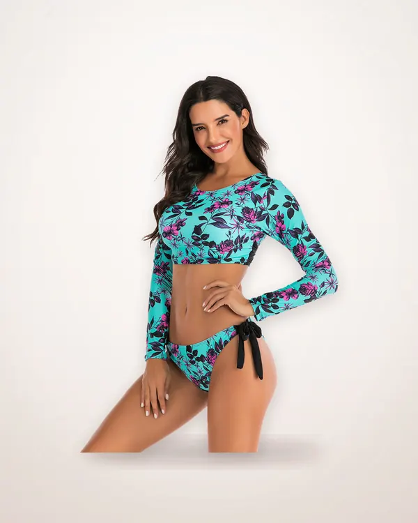 Floral Long-Sleeve Two-Piece Swimsuit