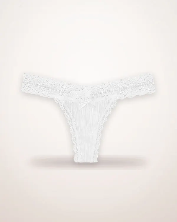 Lace-Edge Bow Thong in White