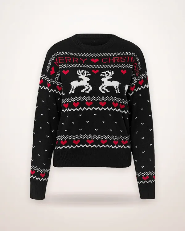 Elk and Heart Print Knit Sweater