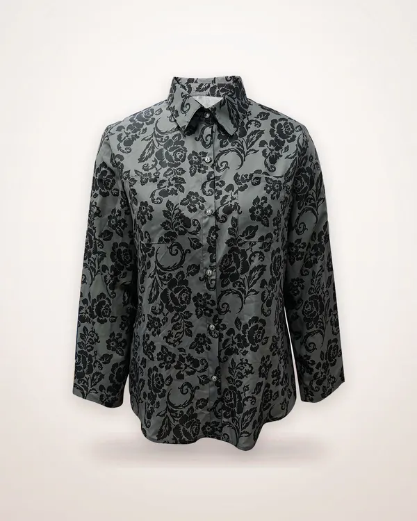Gray Floral Damask Button-Front Shirt
