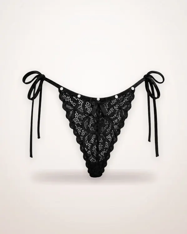 Pearl-Embellished Openwork Lace Thong