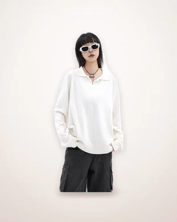 Flocked Half-Open Long Sleeve Polo Shirt