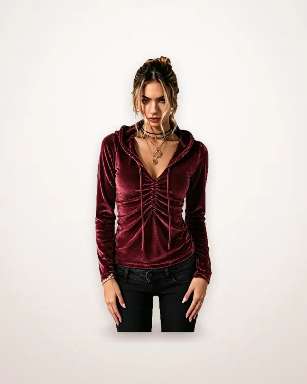 Pleated Drawstring Hooded Sweatshirt