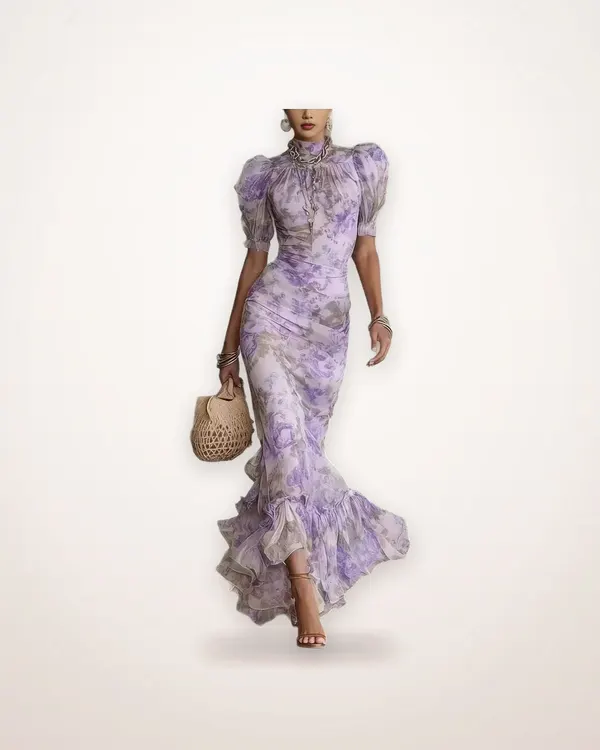 Retro Puff Sleeve Pleated Chiffon Dress