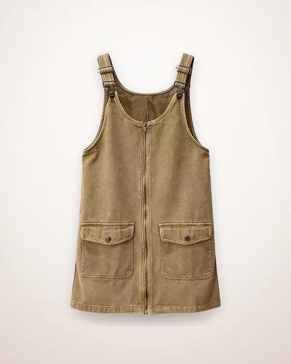 Khaki High-Waist Mini Pinafore Dress