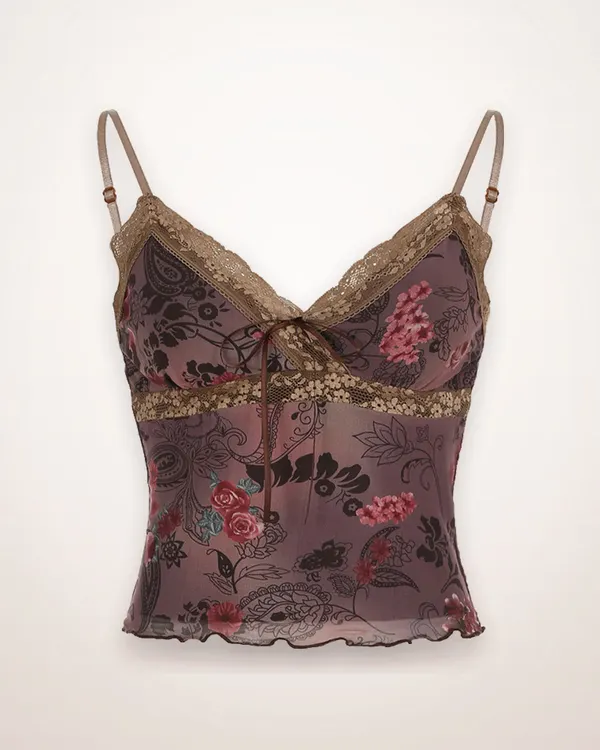 Floral Mesh Lace-Trim Camisole