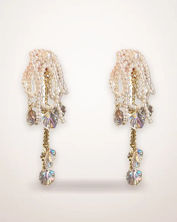 Gold Pearl Bow Tassel Earrings