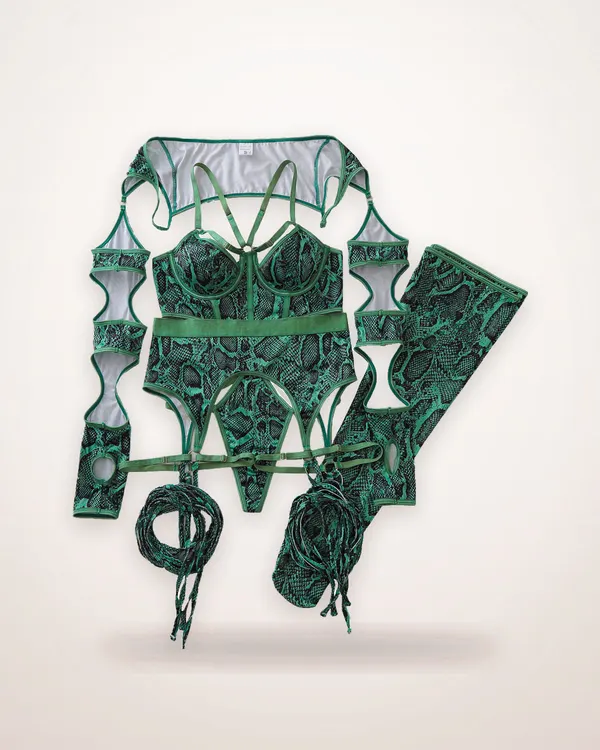 Snake-Pattern Lace-Up Lingerie Set with Stockings