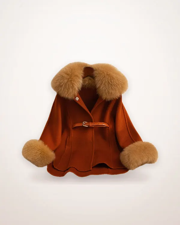 Tangerine Wool Coat with Fur Collar