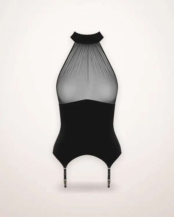 Black Mesh Halter Bodysuit and Stocking Set