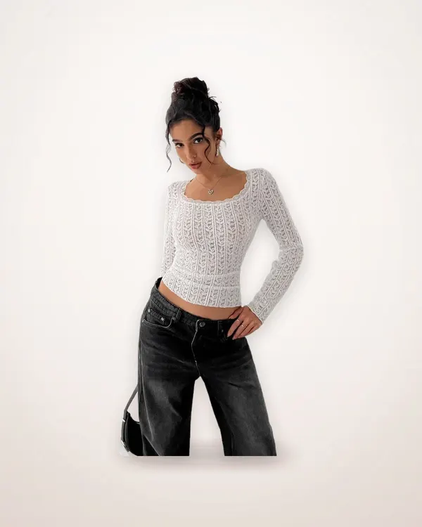 U-Neck Long-Sleeve Lace Top