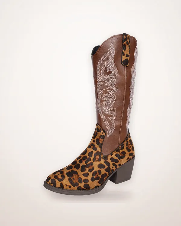 Embroidered Leopard Mid-Calf Cowboy Boots