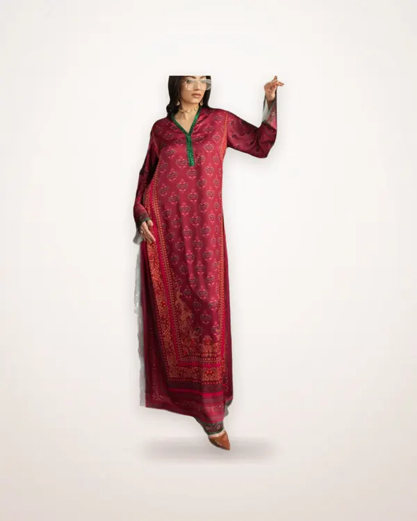 Red Digital Print Long Sleeve Robe