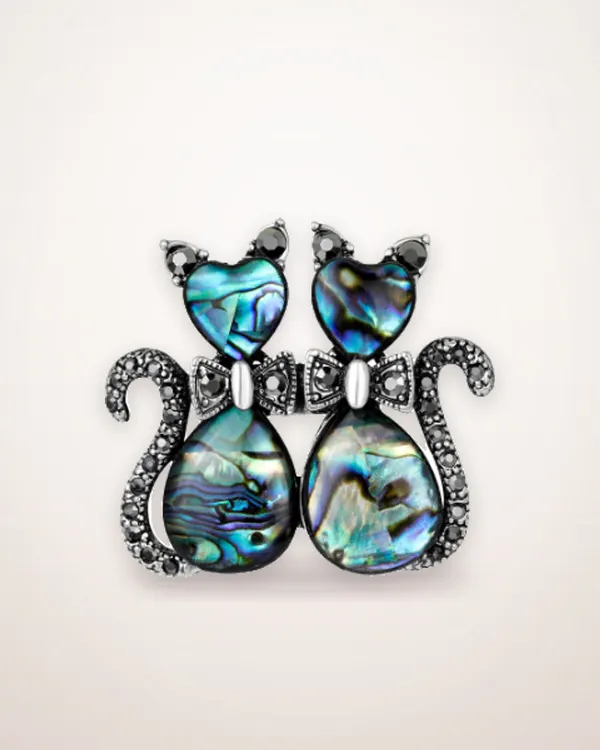 Shell Cat Brooch with Glass Rhinestones