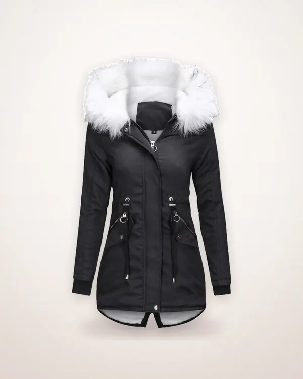 Mid-Length Belted Hooded Coat with Fur Collar