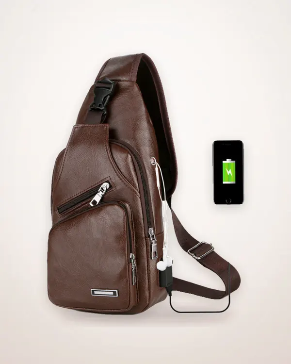 PU Leather Crossbody Chest Bag with USB Port