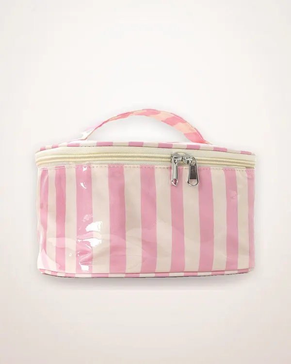 Pink Striped Makeup Bag with Compartments