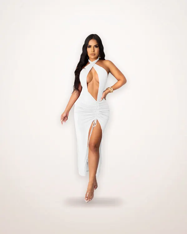 Pleated High-Slit Sheath Dress