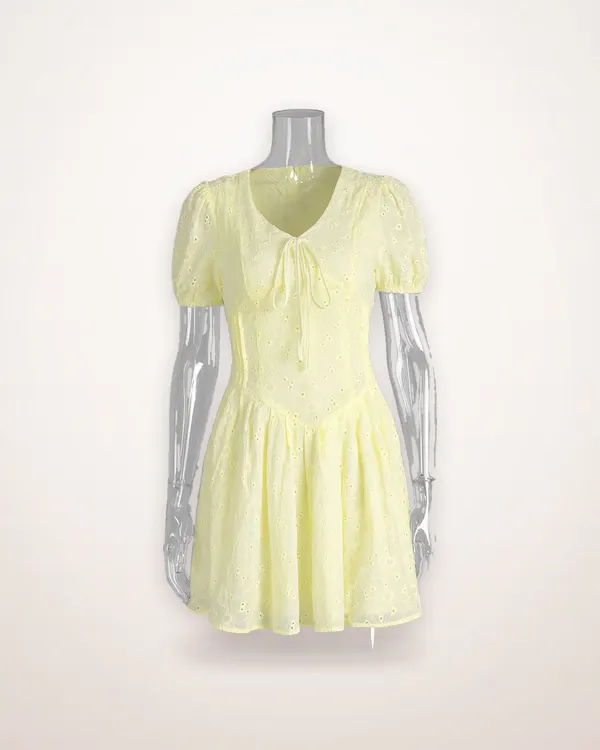 Yellow Cotton Embroidered Short Dress