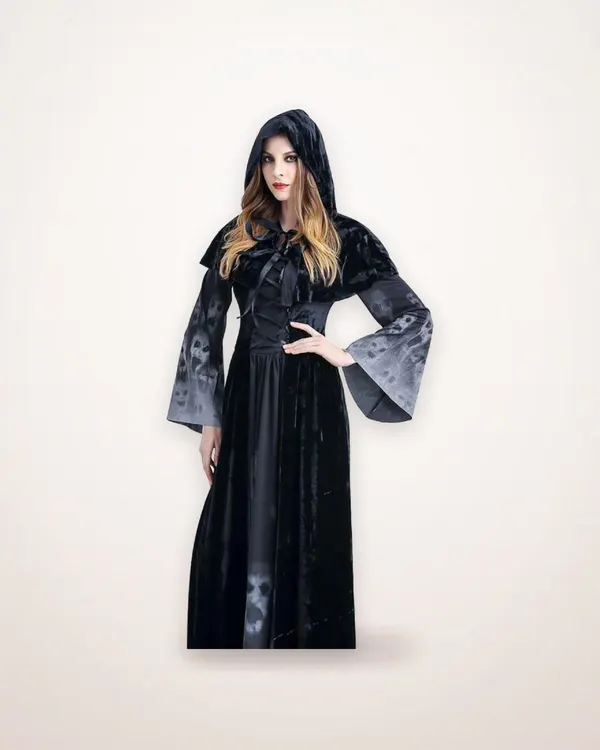 Long Black Hooded Floral Costume Dress