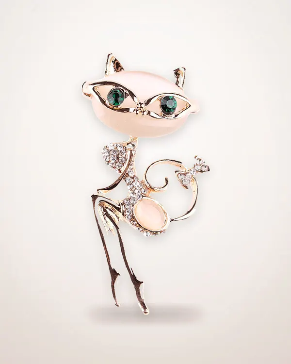 Silver Cat Brooch with Opal and Rhinestone