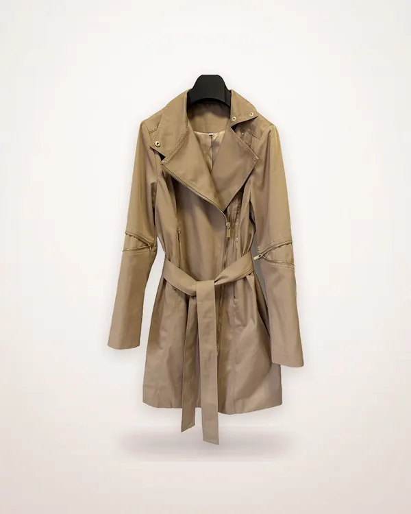 High-Neck Belted Faux Leather Trench Coat