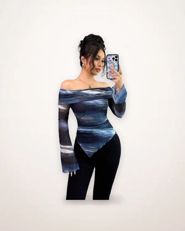 Sea Blue Geometric Mesh Off-Shoulder Top