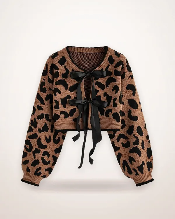 Leopard Print Bow Knit Cardigan