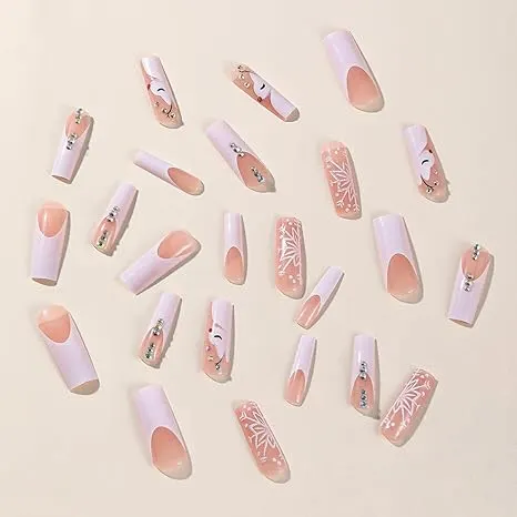 Long Square Press-On Nails with Snowflake Art